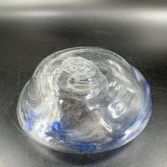 Vintage Hand Blown Art Glass Dish Bowl Clear With Blue Spots Hand Made Glass VTG - Picture 10 of 16